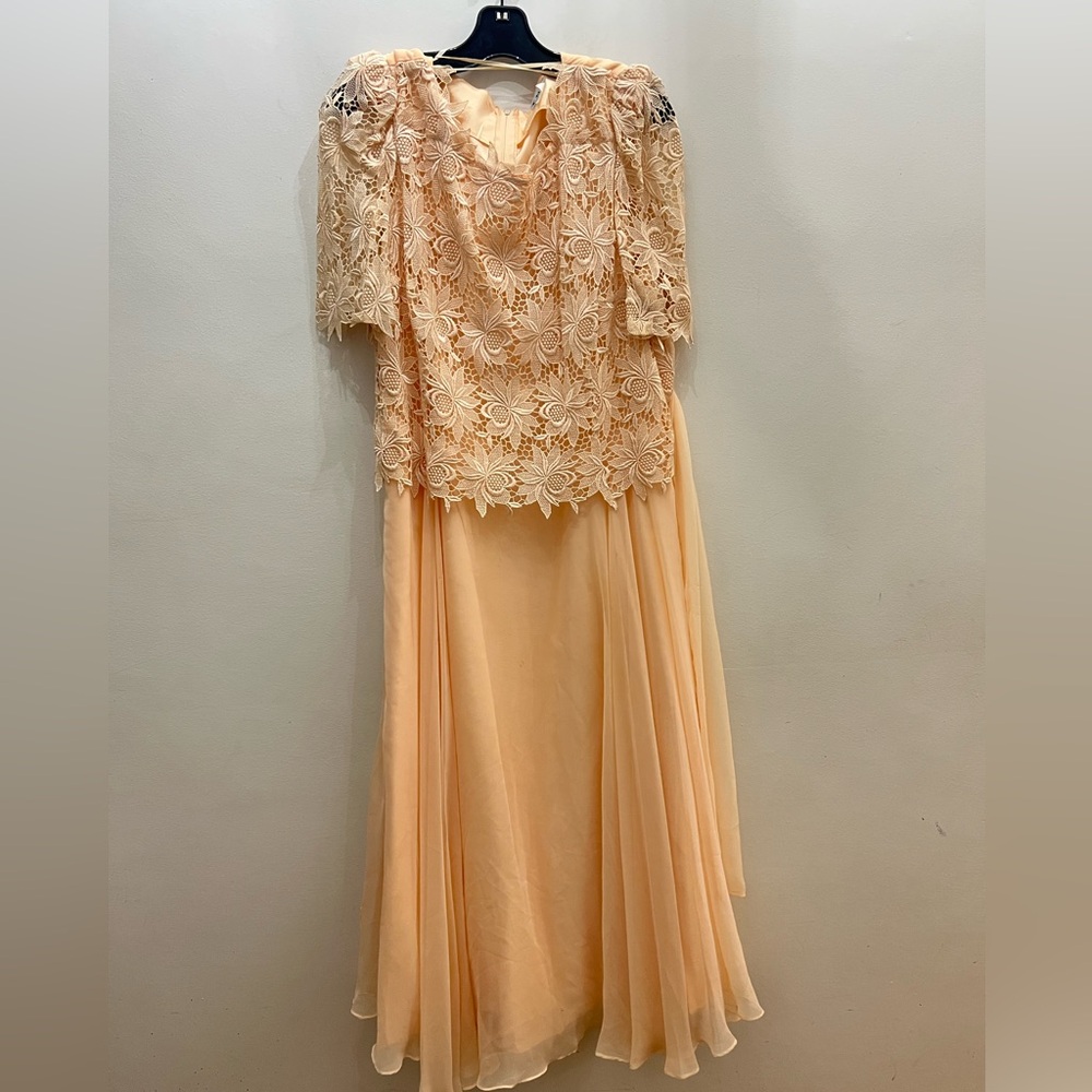 Plus Size Lace Bodice elbow length sleeve Maxi Dress in Blush Peach - Picture 5 of 9